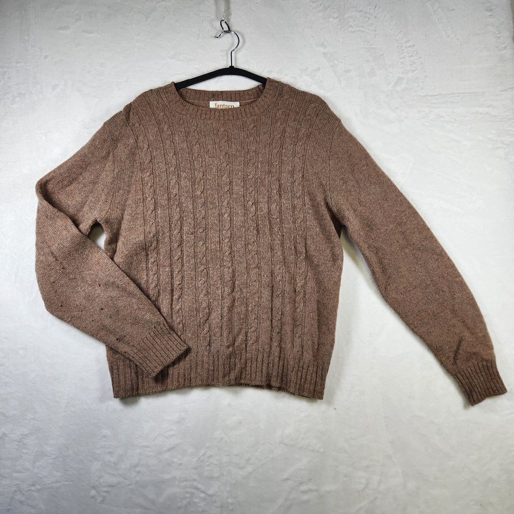 Vtg Jantzen Sweater Mens M‎ USA Brown Cable Knit Wool Blend Crewneck Pullover